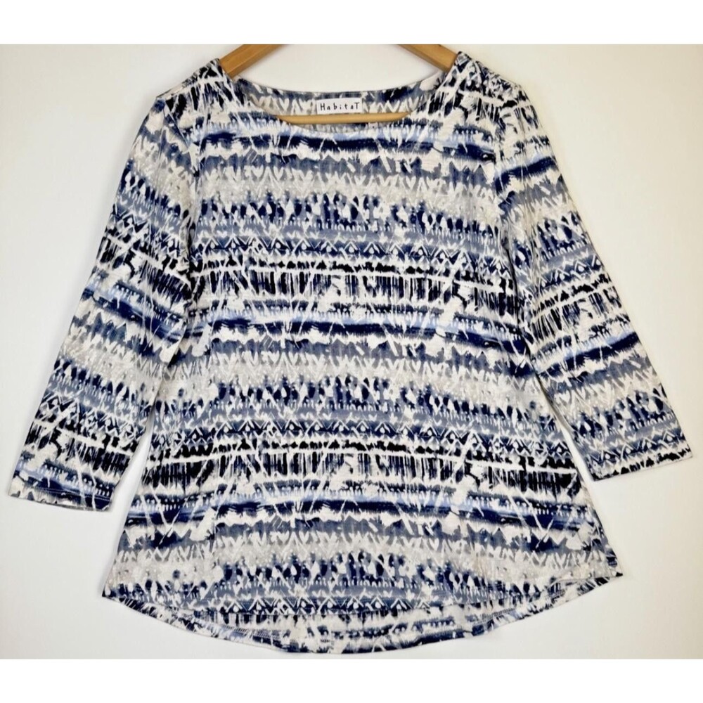 Habitat Shirt Women Small Patterned Linen Cotton 3/4 Sleeve Top Abstract Stripes